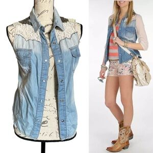 Miss Me Embellished Sleeveless Western Snap Shirt